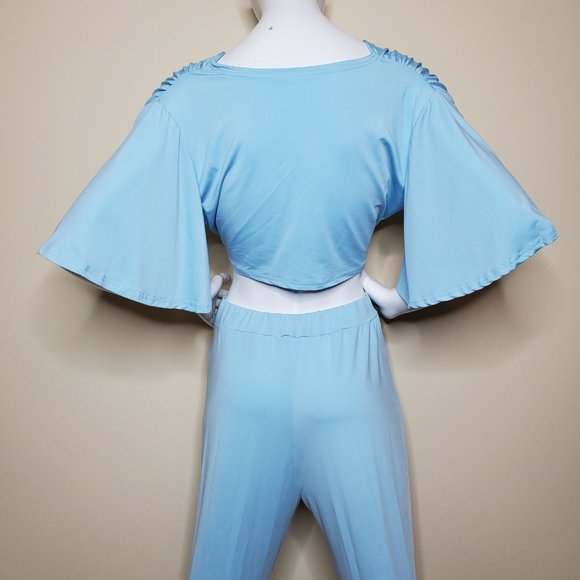 Pastel Baby Blue Two Piece Trendy V Neck Bat Wing Top w/ Skinny Fit Pant SZ L - Picture 8 of 10
